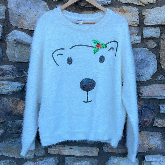 Holiday Time white fuzzy sequin polar bear sweater size XL 16/18 - Picture 7 of 7